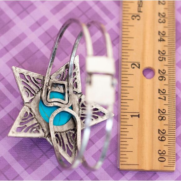 Vintage Geometric Silver Tone Star Blue Circle Hinged Bangle 7 1/2 inch - BX9 - Picture 3 of 4